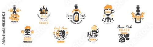 Craft Beer Logo and Label Design with Alcoholic Drink Vector Set