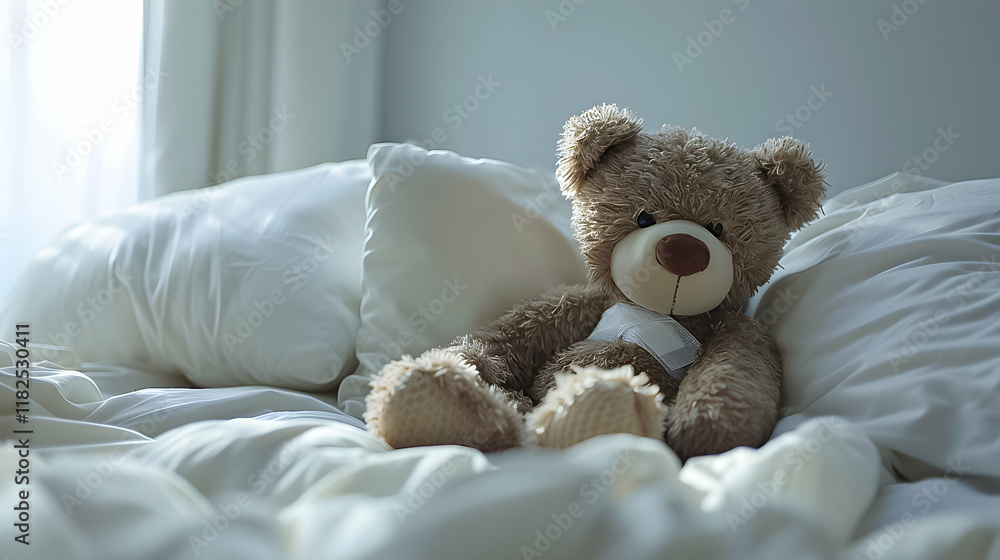 Soft teddy bear sitting on a cozy bed surrounded by fluffy pillows in a softly lit bedroom