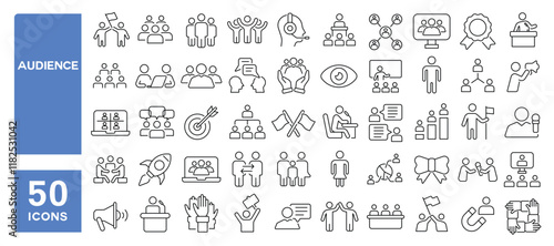 Set of 50 line icons related to audience, crowd, people, group, team, presentation, members, followers, corporate, community, Editable stroke. Vector illustration