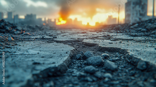 Cracked and broken concrete in an urban setting, highlighting construction or earthquake aftermath