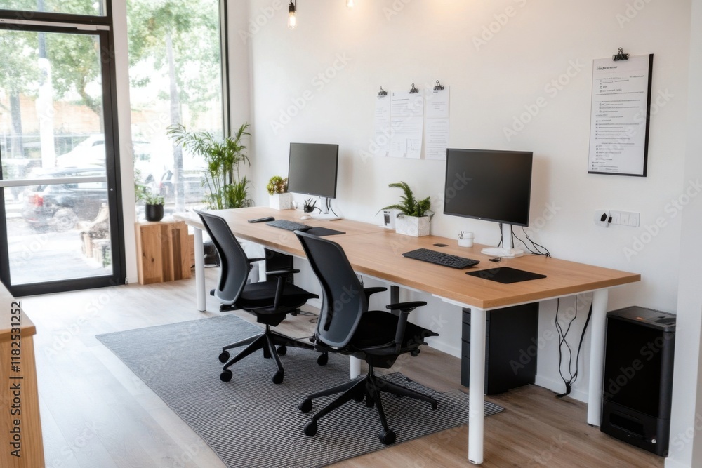 Modern coworking space with two computer workstations and ergonomic chairs