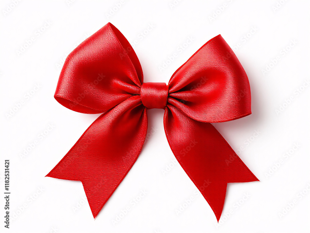 Fototapeta premium Red satin bow on ribbon, elegant and festive, perfect for holiday gift wrapping and decoration.