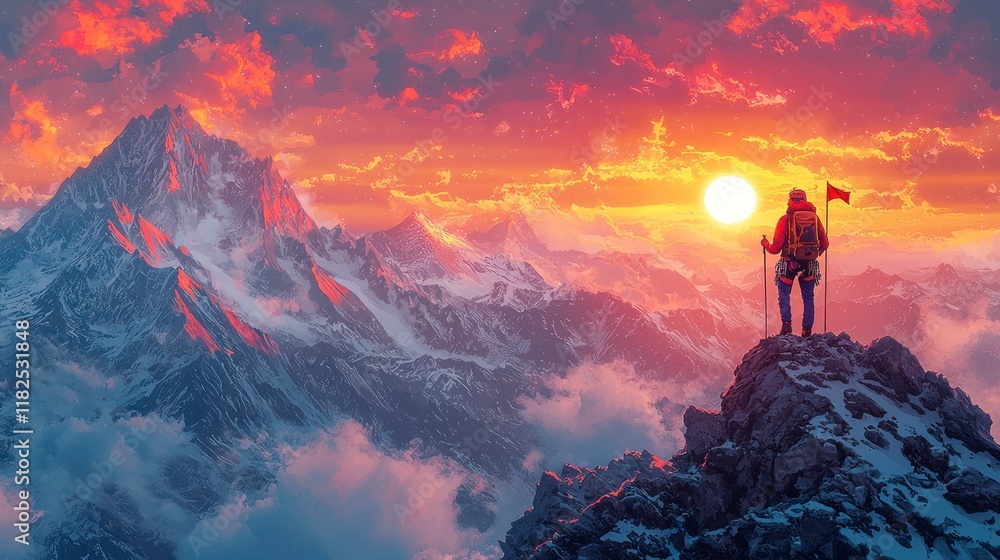 Climber reaches peak at sunset. Climber reaches peak at sunset.
