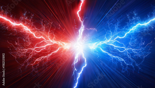 a blue and red lightning bolt clash creates a burst of light in an ultramodern supernatural scene with copy space