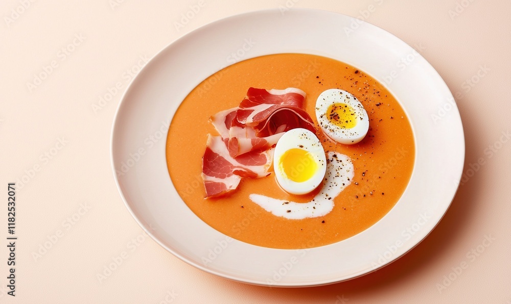 Delightful salmorejo garnished with hard-boiled egg and jamon served on a chic ivory plate against a soft peach backdrop Delightful salmorejo garnished with hard-boiled egg and jamon served on a chic ivory plate against a soft peach backdrop