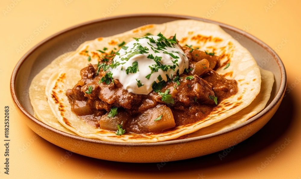 Savory pork stew topped with sour cream served on thick pancakes in a warm setting Savory pork stew topped with sour cream served on thick pancakes in a warm setting