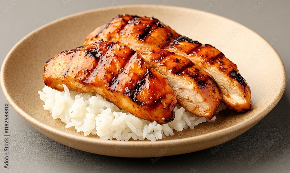 Grilled chicken glazed with teriyaki sauce served over fluffy steamed rice on a light tan plate Grilled chicken glazed with teriyaki sauce served over fluffy steamed rice on a light tan plate