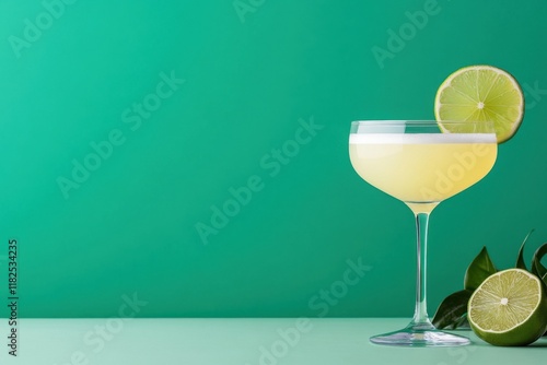 Pisco sour cocktail decorated with lime wheel on vibrant green background photo