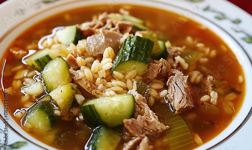 Enjoying rassolnik, a traditional Russian sour soup with pickled cucumbers, barley, and meat, served hot for comfort photo