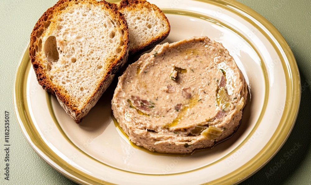 Rich pate de Liege with fresh bread served on a rustic plate against a muted olive green backdrop Rich pate de Liege with fresh bread served on a rustic plate against a muted olive green backdrop