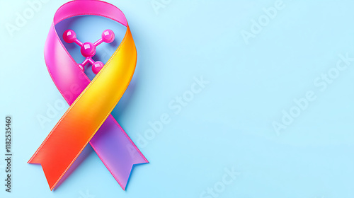 World Cancer Day research wellness concept. Colorful awareness ribbon on a soft blue background, symbolizing support and hope.