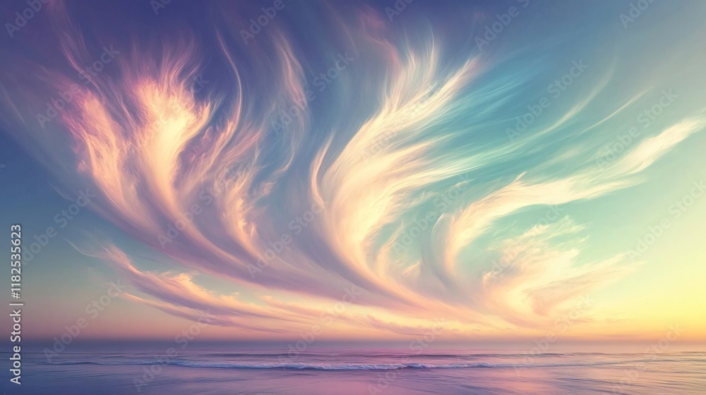 Fototapeta premium Dramatic Sunset Sky with Ocean Waves, Whimsical Cloud Formation