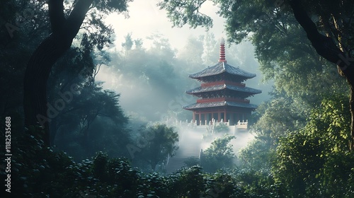 Ancient Pagoda Enveloped In A Misty Forest