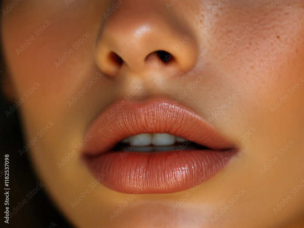 Obraz premium Glossy pink lips close-up, vibrant and alluring, showcasing flawless makeup and beauty.