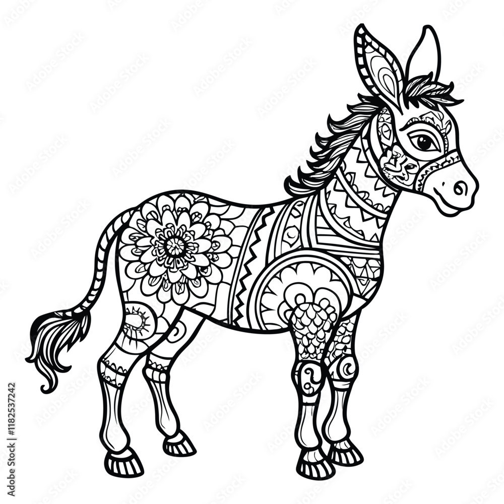 Fototapeta premium Intricate Zentangle Style Mandala Donkey: A Detailed Black and White Illustration