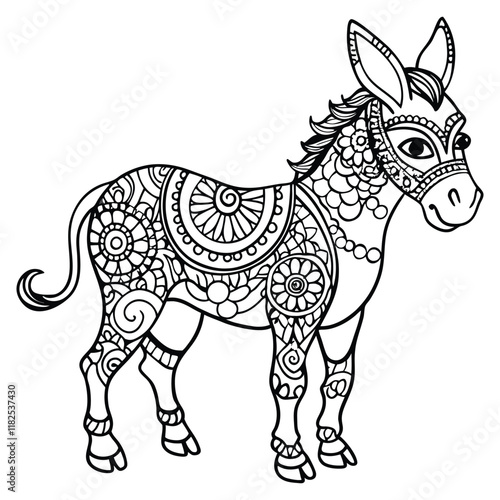 Intricate  Zentangle Style Mandala Donkey: A Detailed Black and White Illustration