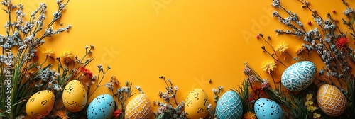 Colorful easter eggs and spring flowers on bright yellow background