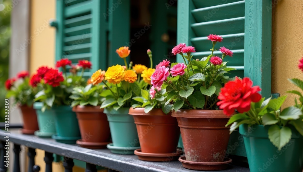 Vibrant flowers in colorful pots on a balcony railing , balcony, vases Vibrant flowers in colorful pots on a balcony railing , balcony, vases