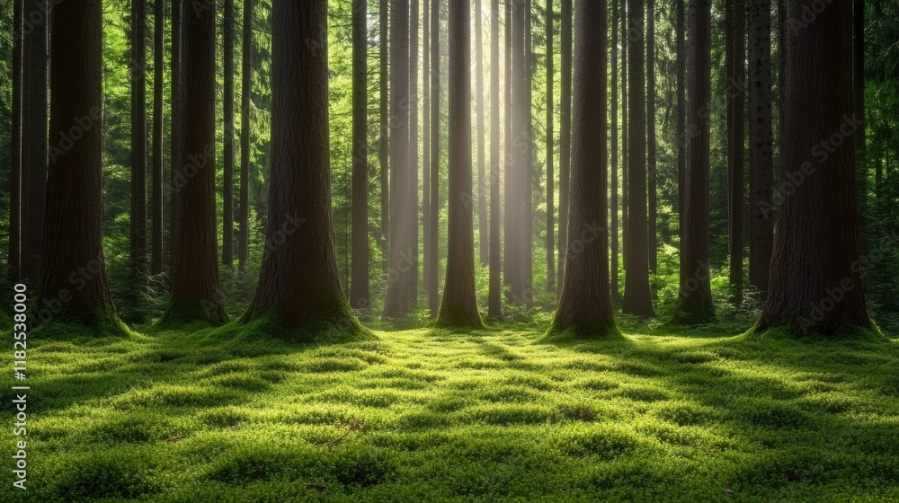 Obraz premium Sunlight filters through tall trees in a serene forest setting during midday