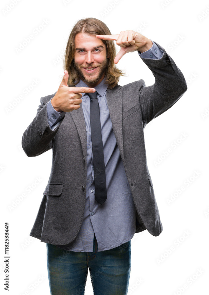Young handsome business man with long hair over isolated background smiling making frame with hands and fingers with happy face. Creativity and photography concept. Young handsome business man with long hair over isolated background smiling making frame with hands and fingers with happy face. Creativity and photography concept.