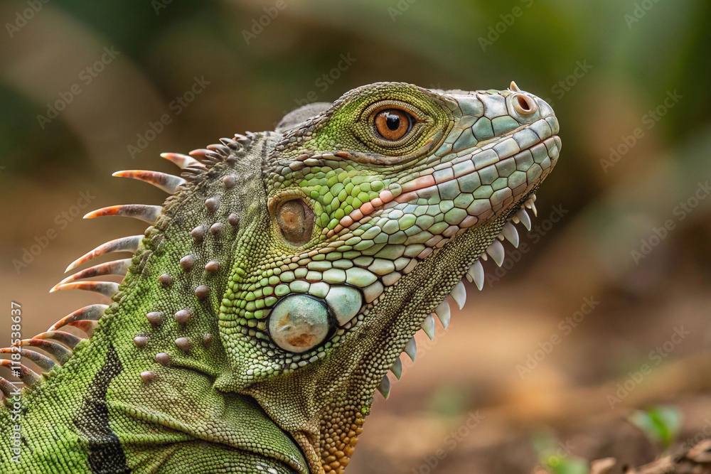 Fototapeta premium Close-up of a vibrant green iguana's head and neck, showcasing its scales and textures.