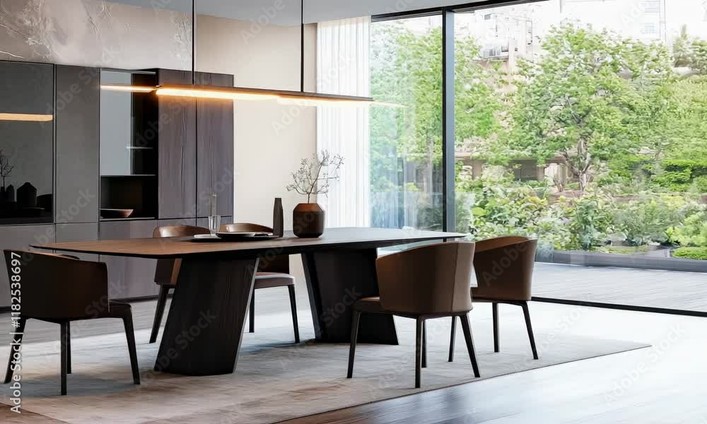 Modern minimalist dining room with elegant furniture and natural lighting Modern minimalist dining room with elegant furniture and natural lighting