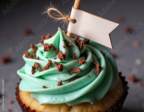 Elegant dessert featuring mint frosting, chocolate bits, and blank tag, ideal for branding or designs. photo