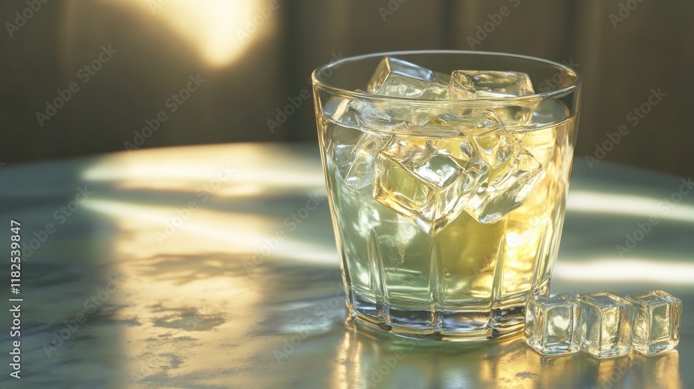 Refreshing lemonade in a clear cup filled with ice cubes, vibrant citrus color, perfect for a hot summer day, thirst-quenching delight Refreshing lemonade in a clear cup filled with ice cubes, vibrant citrus color, perfect for a hot summer day, thirst-quenching delight