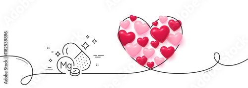 Magnesium mineral line icon. Continuous line big heart. Chemical element Mg sign. Capsule or pill symbol. 3d hearts in heart shaped loop. Magnesium mineral single line ribbon. Vector