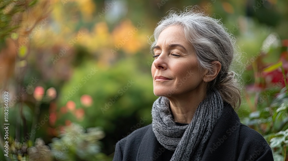 Woman enjoying a moment of tranquility in a lush garden surrounded by vibrant flowers during the afternoon Woman enjoying a moment of tranquility in a lush garden surrounded by vibrant flowers during the afternoon