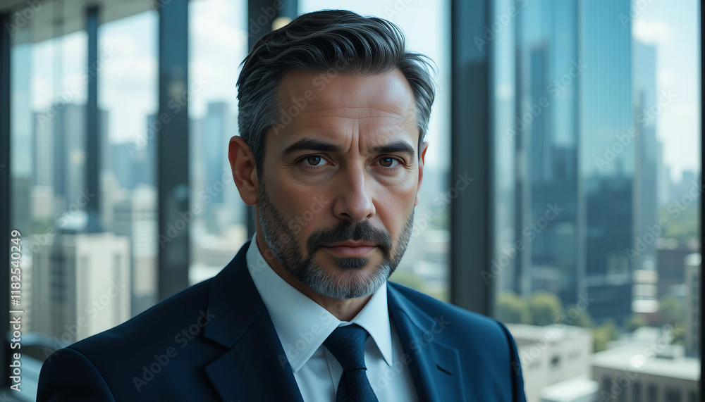 Portrait of a confident businessman wearing suit and tie looking through his office window, with a view of city skyscrapers in the background. Portrait of a confident businessman wearing suit and tie looking through his office window, with a view of city skyscrapers in the background.