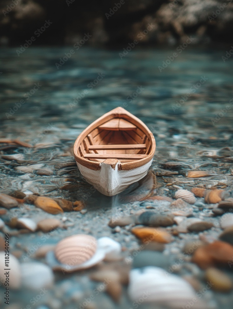Charming toy boat drifts in tranquil shallow pool with pebbles and shells Charming toy boat drifts in tranquil shallow pool with pebbles and shells