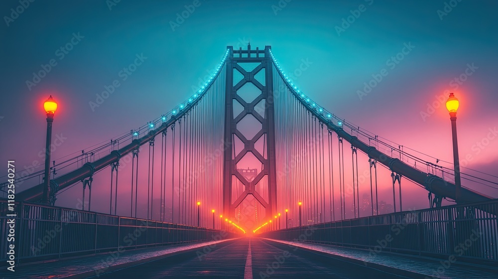 Fototapeta premium Majestic suspension bridge illuminated by colorful lights at twilight