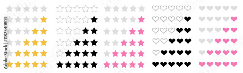 Vector set of rating and vote icons with stars and hearts. Quality review symbols for evaluation and ranking. Flat design elements for UI, app interface, and web classification.