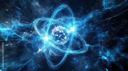 Digital artwork of an atom, centered with its protons and electrons