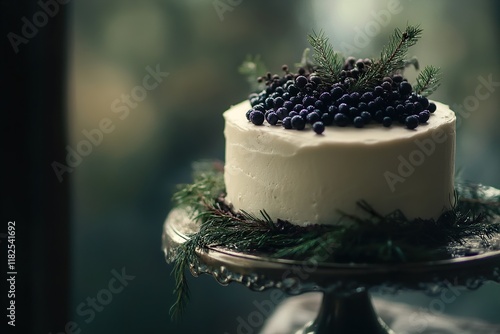 Beautiful birthday cake topped with juniper berries and decorated in style photo