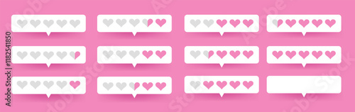 Pink heart icon with rating bar and level scale, featuring a slide for social reactions and customer satisfaction. Half poll rating for survey and product feedback.