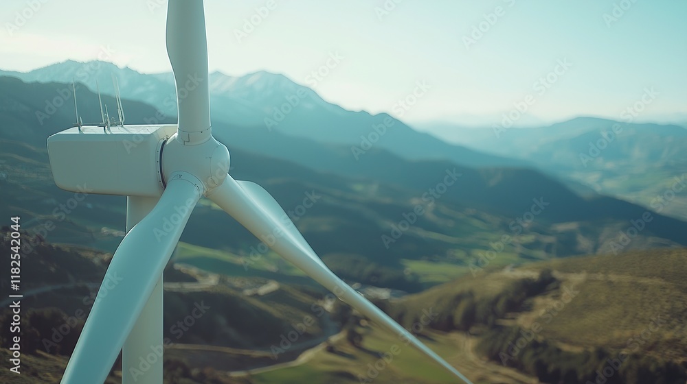 Close-up view of wind power generation turbines against a mountainous backdrop Close-up view of wind power generation turbines against a mountainous backdrop