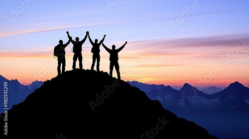 Silhouetted climbers celebrating on a mountain peak at sunset against a backdrop of majestic mountains