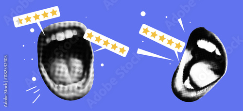 Vector retro illustration of Mouth feedback with star rating. Halftone collage of scream review bar pop art.