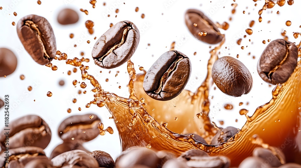 Roasted coffee beans splashing in delicious coffee isolated on white background Roasted coffee beans splashing in delicious coffee isolated on white background