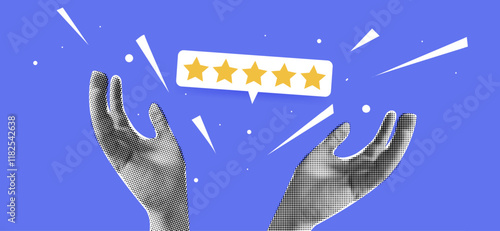 Vector retro illustration of Halftone art with hand feedback, star review, and customer service experience. Mobile app survey and rating.