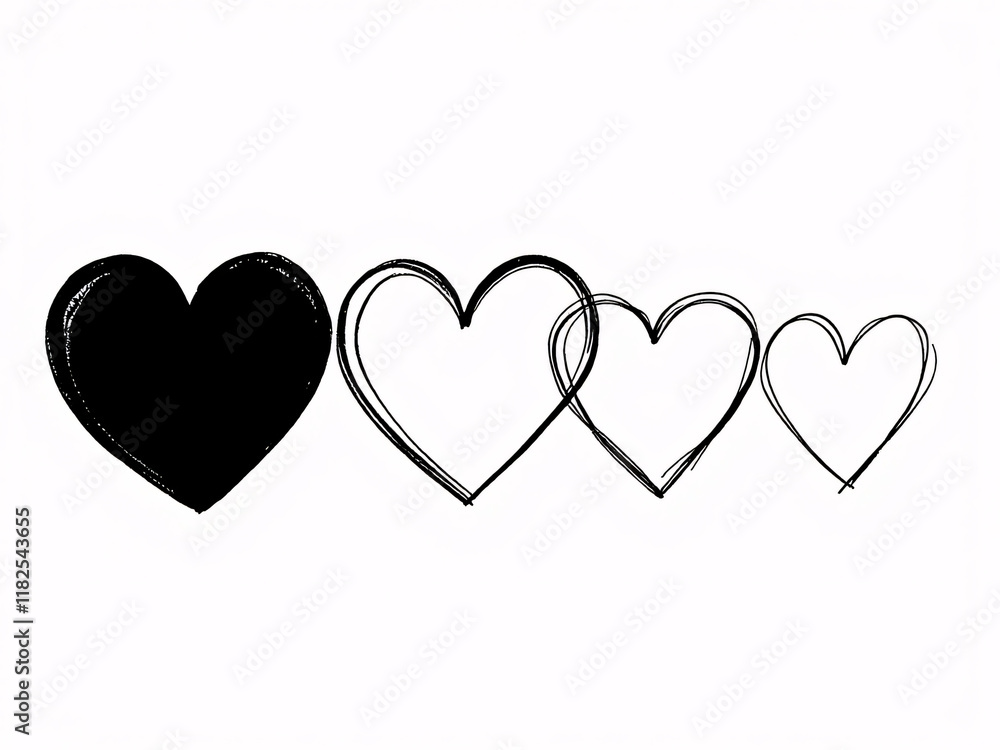 Heart icons in black and white, outlined and filled styles. Heart icons in black and white, outlined and filled styles.