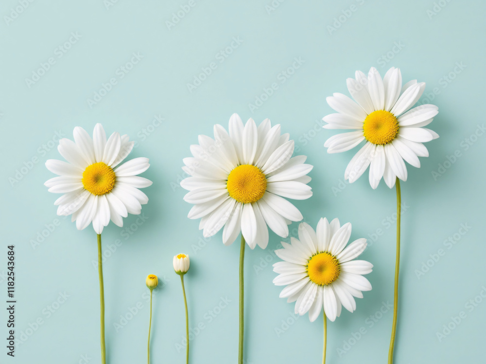Fototapeta premium White daisies with yellow centers on a light blue background.