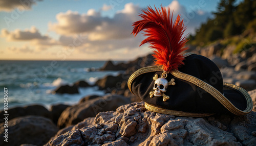 Pirate tricorn hat with skull emblem and feather on rocky shore photo