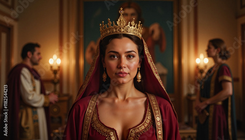 Confident Queen Esther regal in Persian throne room, royal authority
