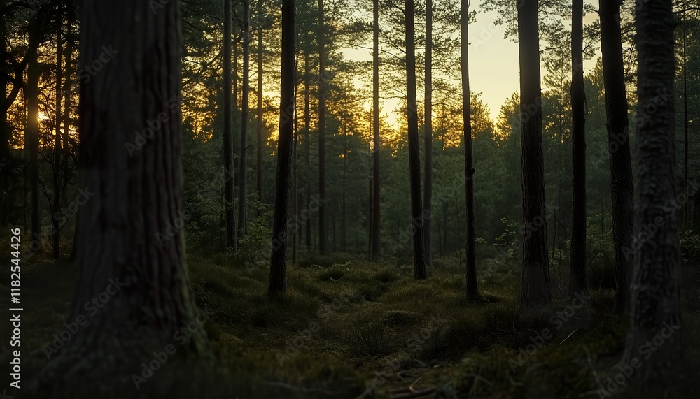 Obraz premium Picturesque Swedish dense forest at dusk in a flat view