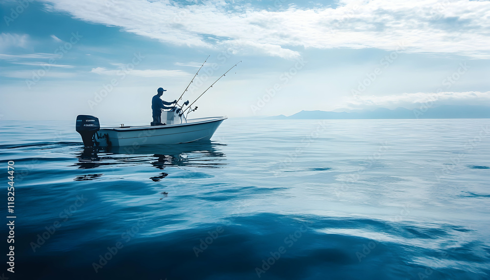 Obraz premium Offshore fishing boat on the blue sea with a fisherman actively holding a rod -