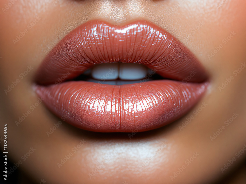 Fototapeta premium Lips, red, glossy, close-up, makeup, vibrant, sexy, kiss, pout, shiny, bold, alluring, cosmetics, beauty, mouth, glamour, lipstick, sensual, attractive, provocative, luscious, enticing, seductive, gli