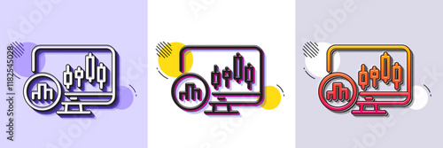 Candlestick chart line icon. Halftone dotted pattern. Gradient icon with grain shadow. Analytics graph sign. Market analytics symbol. Line candlestick chart icon. Various designs. Vector